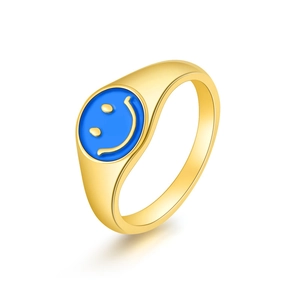 Cute Smiley Face Titanium Steel Ring For Women Gold Plated Enamel Blue Round Minimalist Fashion Jewelry Finger Ring