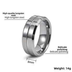 Macro shot of 8mm tungsten carbide ring featuring double grooves and polished bevel edges