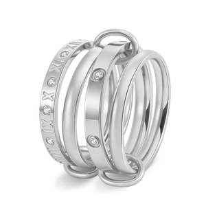 Macro shot of 18K gold plated interlocking rings featuring Roman numerals and small zircons