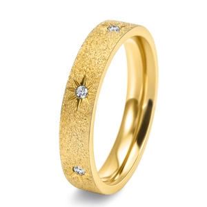 Gold plated titanium steel ring with sandblasted matte finish and star-set zirconias