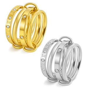 Detailed macro view of interlocking titanium steel rings with Roman numerals and zircons