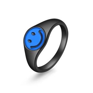 Matte black titanium steel ring with a royal blue smiley face design for women