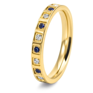 Detail of gold-plated CNC square ring featuring blue and clear channel-set crystals