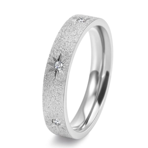 Polished silver titanium steel sunflower ring with sandblasted finish and star-set stones