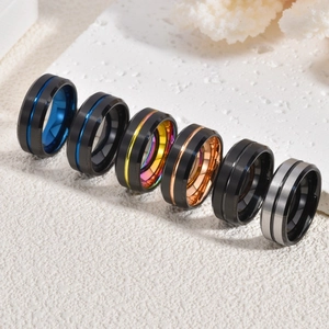 Showcase of six 8mm tungsten steel rings with colorful inner plating and beveled edges