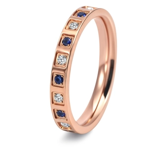 Rose gold square grid ring with blue and white crystals in a minimalist step design