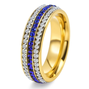 Detailed macro view of gold plated ring featuring triple rows of blue and white crystals