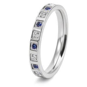 Women's titanium steel square grid ring with alternating blue and white zircon stones