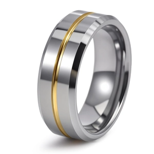 Close-up of 8mm silver tungsten ring with beveled edges and golden center groove