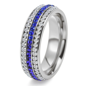 Luxury three-row channel-set ring with blue and white crystals in silver metal finish