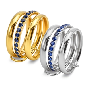 Three-layer 18K gold and silver plated titanium rings with pavé blue zircon stones