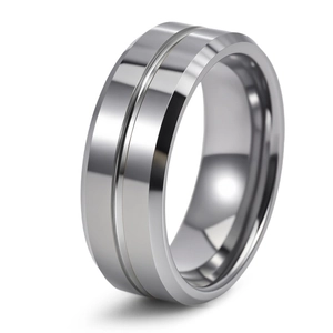 8mm wide silver tungsten steel ring with a center groove and beveled edges for men