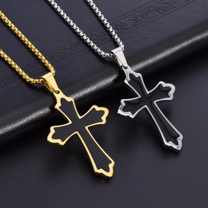 Polished titanium steel cross pendant necklace in gold and silver with black enamel inlay