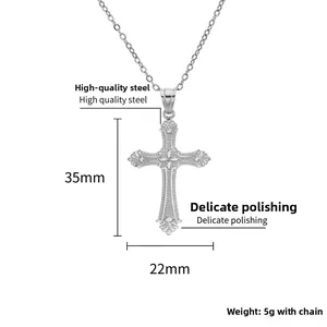 Detail view of titanium steel cross pendant with vintage texture and dimensions 35x22mm