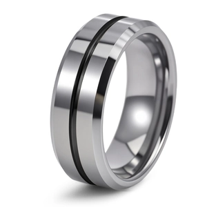 Detail of 8mm wide tungsten steel ring with silver bevel and center black inlay band