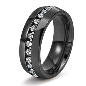 Polished black 18K gold plated stainless steel ring with full row channel set zircons