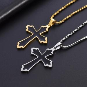 Titanium steel cross pendant necklaces in gold and silver with black enamel on box chain