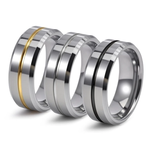 Polished 8mm tungsten steel rings set with gold, silver and black center grooves