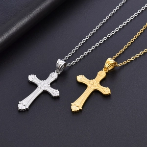 Baroque style titanium steel cross necklaces in gold and silver finish with floral patterns