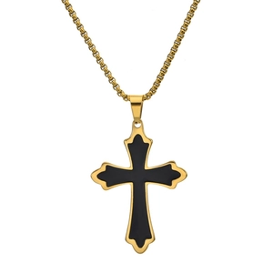 Detail of cross pendant featuring black enamel inlay with golden box chain necklace