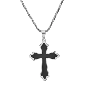 Gothic titanium steel cross pendant necklace with black enamel inlay and silver metallic edges
