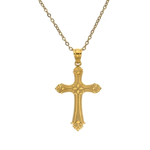 Baroque gold titanium steel cross necklace with vintage scroll pattern on white background