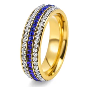 Luxury Titanium Steel Three Row Rhinestone Ring For Couples Blue White Contrast Wedding Band Gold Silver Plated Fashion Ring
