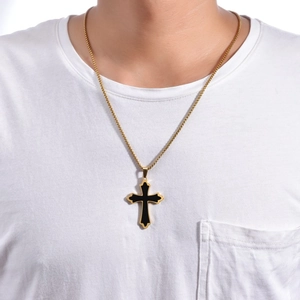 Classic gold titanium steel cross pendant necklace with black enamel inlay on a box chain