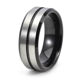 Detail of 8mm tungsten ring with silver brushed finish and black grooved dual-tone edges