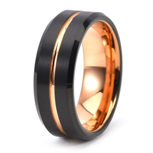 Detail of 8mm tungsten ring showing black brushed surface and rose gold groove