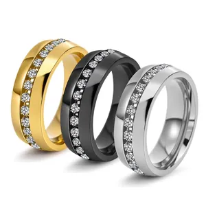 Titanium Steel 18K Gold Plated Rhinestone Band Ring For Men Women Minimalist Single Row Drill Geometric Unisex Finger Jewelry