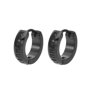 Pair of black stainless steel Viking rune hoop earrings for men with matte finish
