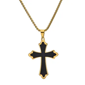 Men's Titanium Steel Cross Pendant Necklace Gothic Fashion Black Enamel Jewelry Polished Stainless Steel Box Chain Necklace