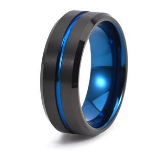8mm wide brushed black tungsten steel ring with a vibrant blue inner band and accent groove
