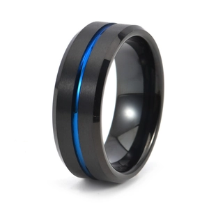 Detail view of 8mm black tungsten ring with blue center line and polished beveled edges