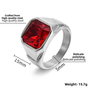 Macro shot of 15mm men's stainless steel ring featuring a red rectangular gemstone