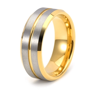 Macro detail of 8mm tungsten ring with silver brushed surface and gold center groove