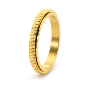 Minimalist gold spinner ring with vertical grooved texture and rotatable steel design