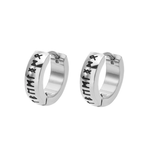 Men's Norse Viking rune hoop earrings in polished stainless steel on a white background