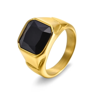 Men's gold stainless steel signet ring featuring a large square faceted black gemstone