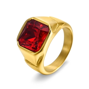 Polished gold stainless steel men's ring with large square red gemstone in bezel setting