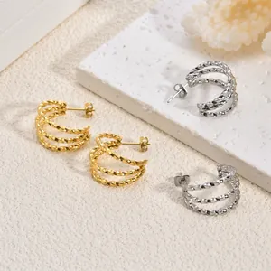Boucles d'Oreilles Créoles en C Torsadées de Luxe Léger Acier Inoxydable Géométriques Spirale à Trois Couches pour Femmes