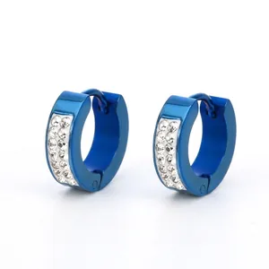 Boucles d'Oreilles Huggie Hoop en Acier Titane avec Double Rangée de Strass pour Hommes Femmes Or Argent Noir Bleu Bijoux