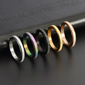 Detail showing five-piece rotating gear rings in silver, gold, black, and rainbow finish