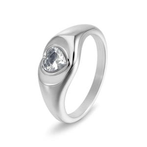 Minimalist silver heart ring with sparkling center stone and wide polished band