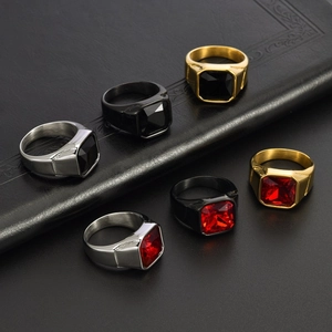 Men's square cut gemstone signet rings in gold, silver and black stainless steel finish
