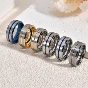 8mm wide tungsten steel rings with brushed finish and grooved design in multiple colors