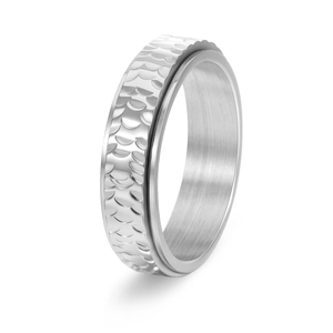 Men's silver spinner ring with hammered honeycomb texture and matte brushed steel finish