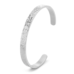 Minimalist hammered silver cuff bracelet in stainless steel with open C-shape design