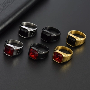 Men's square-cut gemstone rings in stainless steel gold silver and black finishes